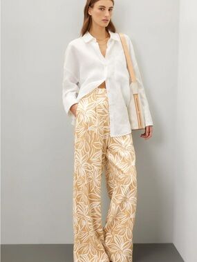 Wide-Leg Printed Palazzo Pants in Cream & Beige
